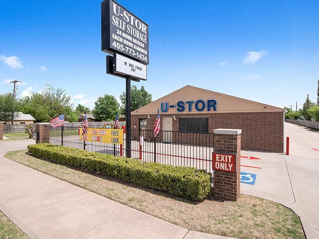 Front sign and office entrance of U-Stor Self Storage on N Rockwell Ave in Bethany OK