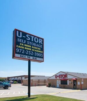 Gated main entrance of U-STOR SELF STORAGE IRVING, TX on Highway 161. Secure entry gate at U-STOR SELF STORAGE IRVING, TX — right off Highway 161