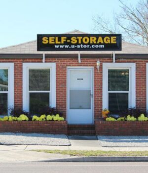 Wide-angle view of a self storage facility’s parking lot and exterior storage units