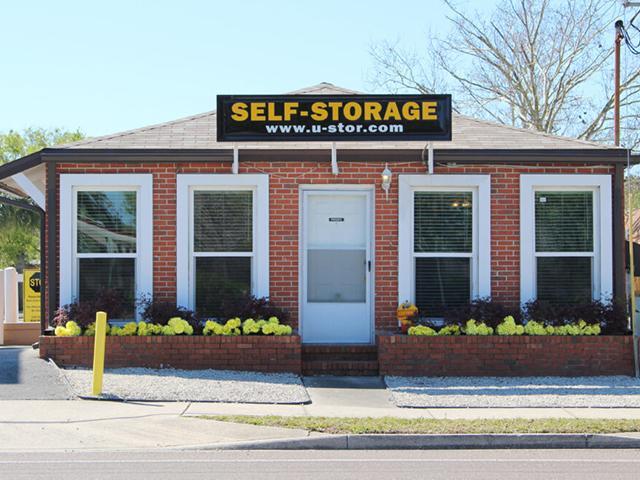 Wide-angle view of a self storage facility’s parking lot and exterior storage units